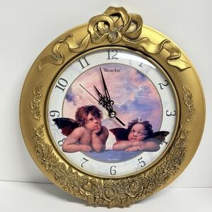 Vintage Westclox Cherub Angel Wall Clock Ornate Gold Tone Quartz 12" Works READ